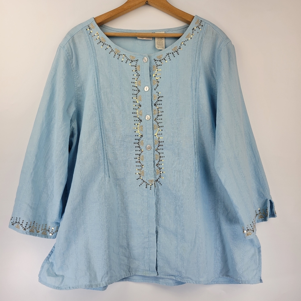 ERIKA Womens Blouse Size Large Linen Blend Button Up Sequin Embellished FLAWED